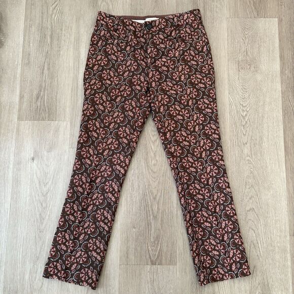 Anthropologie Essential Slim Brown Floral Jacquard Mid Rise‎ Pant Size 2 - Picture 1 of 12